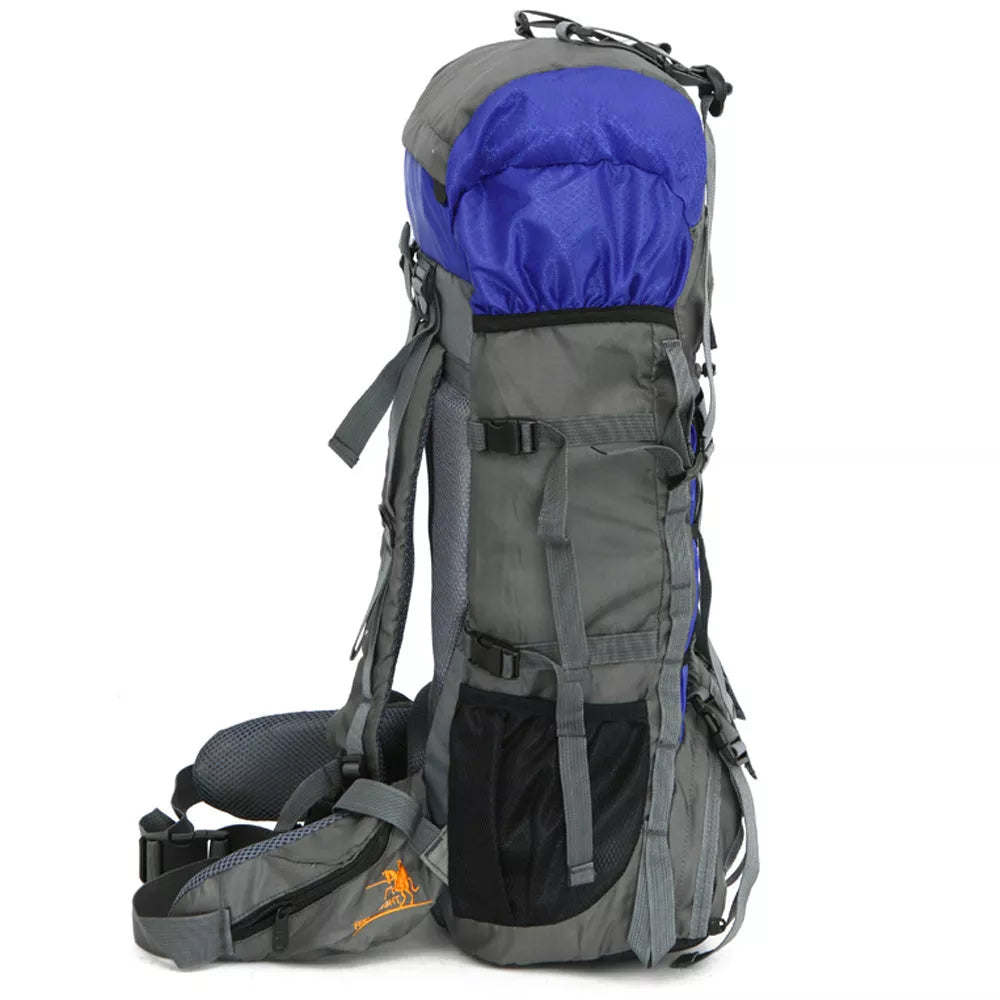Extra Large Outdoor 60L Travel Backpack with external storage and waist bags
