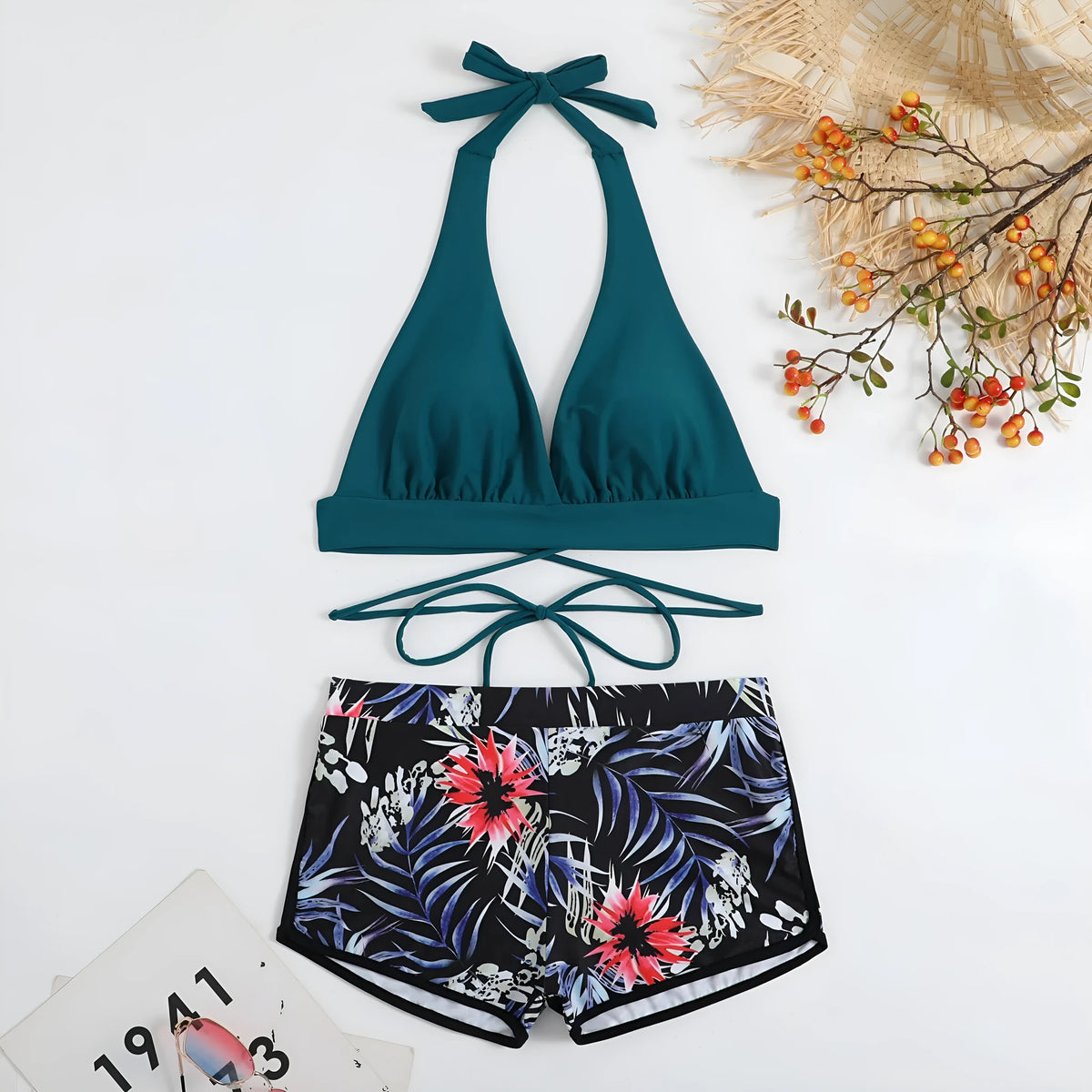 High waist split bikini in peacock green, red, or black, nylon outer with polyester lining, sizes S to XL