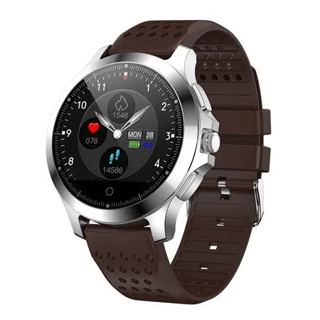 W8 ECG smart bracelet with metal stainless steel body, round colour screen, and TPU strap in black, brown, or coffee.
