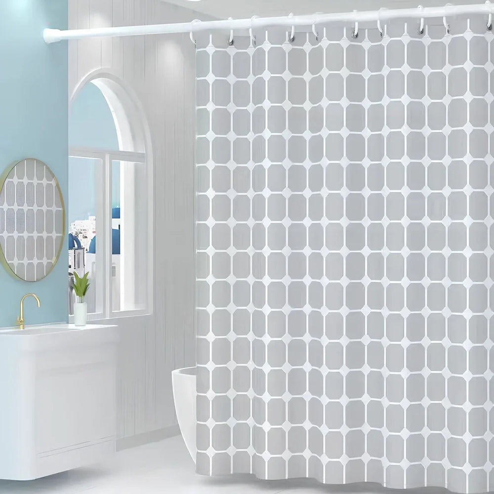 Waterproof polyester shower curtain with printed design, available in multiple sizes for bathroom protection