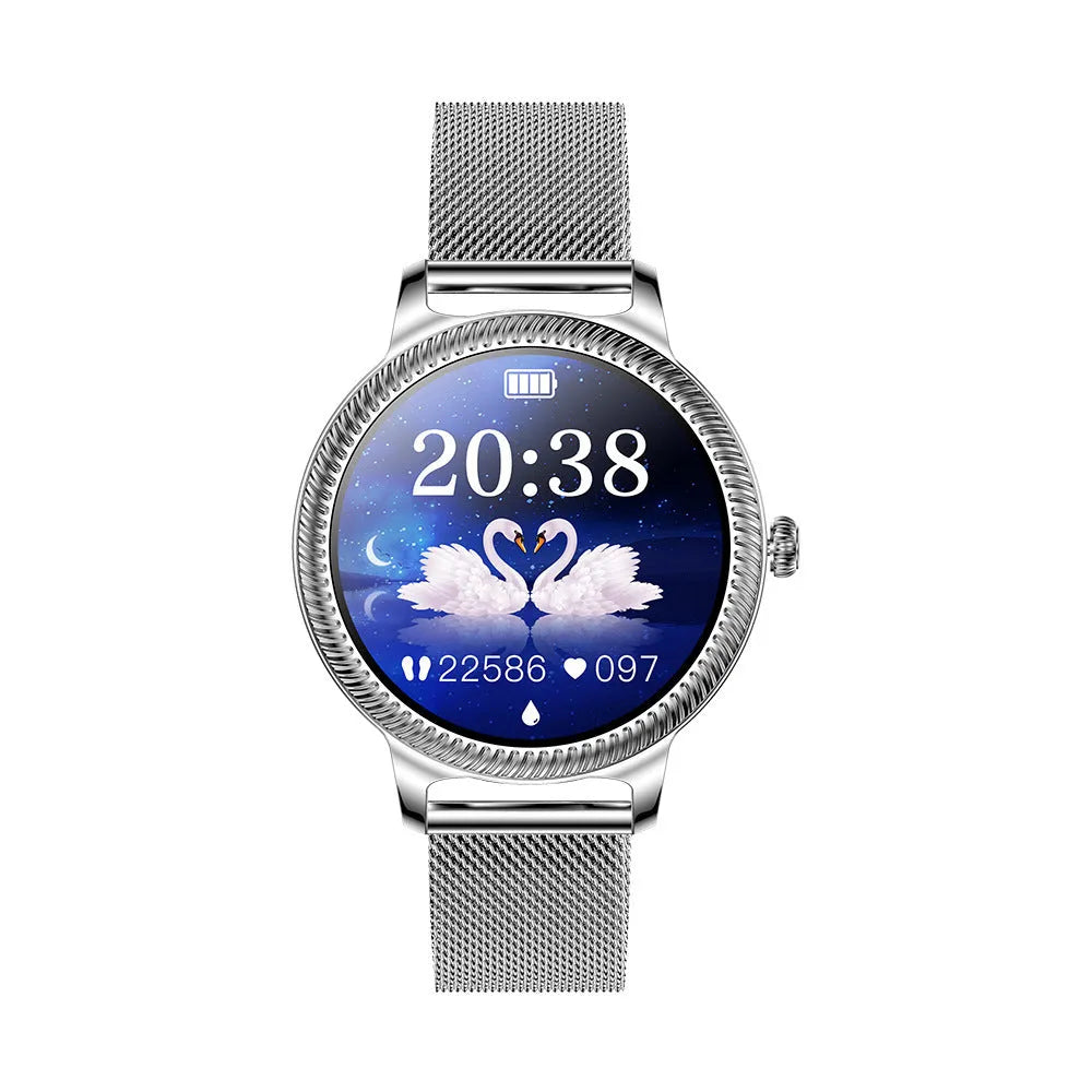 AK38 Ladies Smart Watch with stainless steel wristband and 1.09-inch TFT display