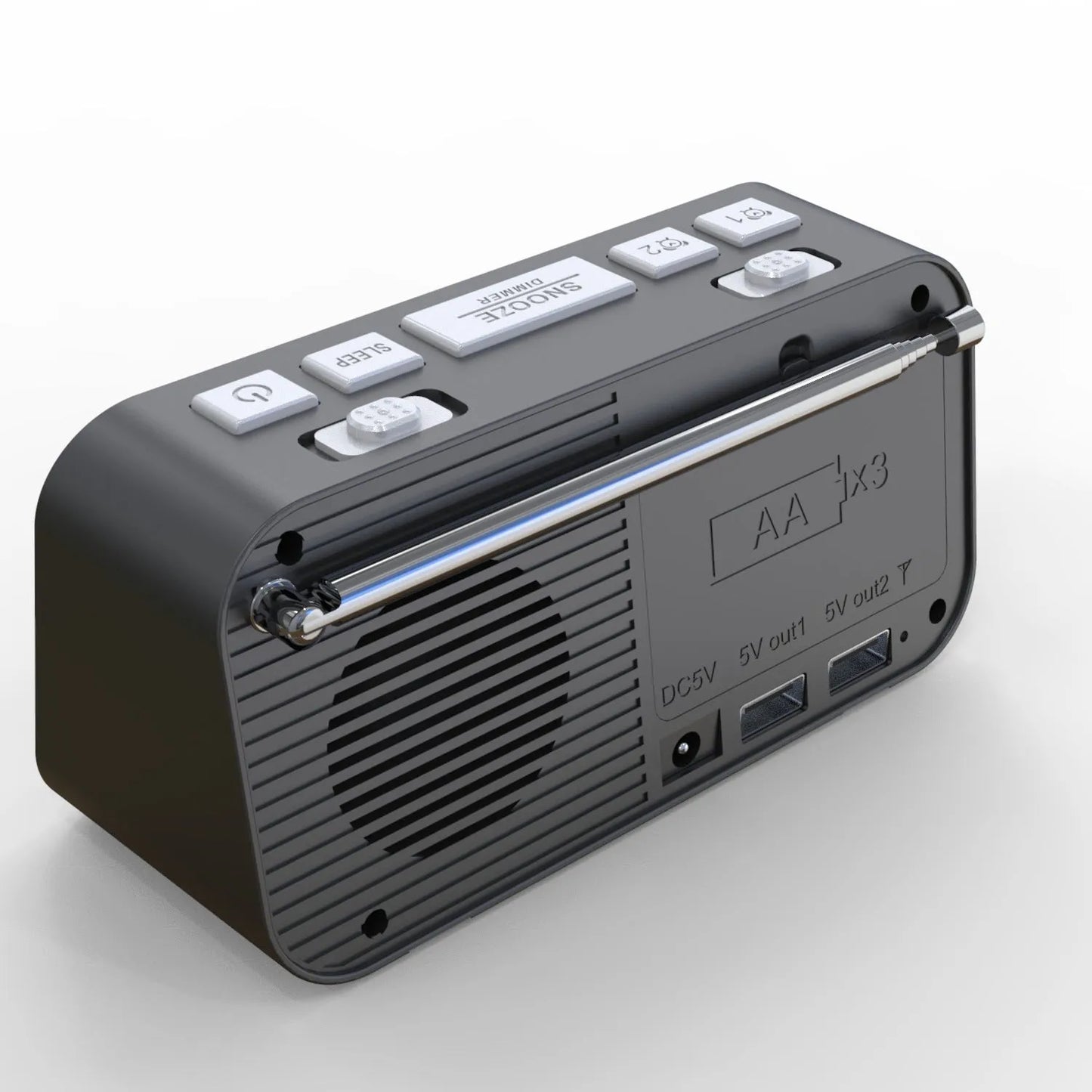 Black DAB FM digital radio alarm clock with LED display, control buttons, and two USB ports on the side.