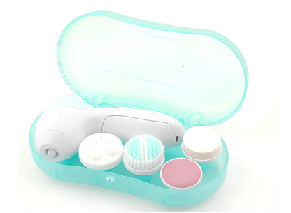 Pink electric facial cleanser with 5 attachments including soft brush, rolling massager, and sandstone head for skincare