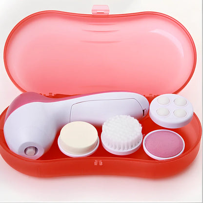 Pink electric facial cleanser with 5 attachments including soft brush, rolling massager, and sandstone head for skincare