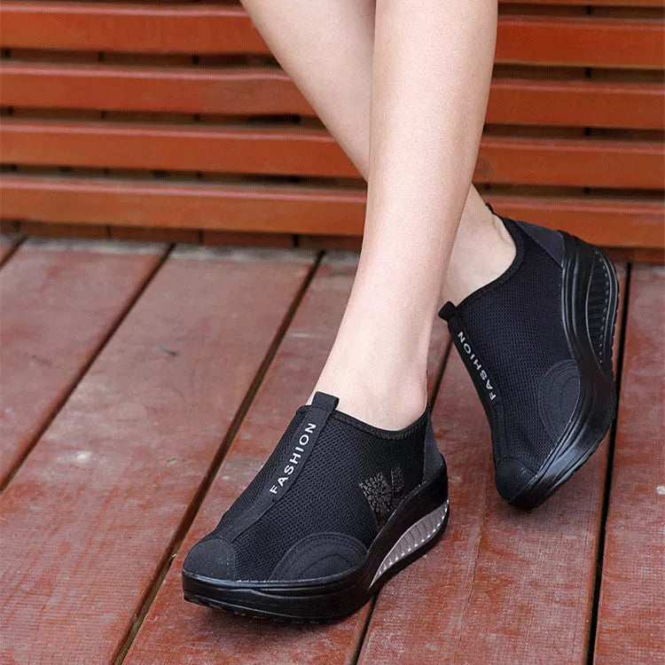 Women's Casual Mesh Platform Sneakers with Wedge Heel in black, red, and gray