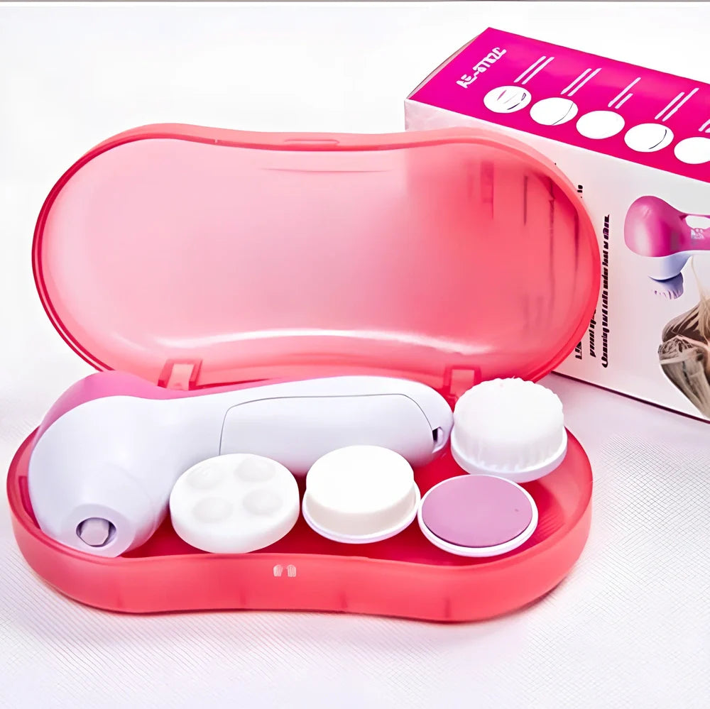 Pink electric facial cleanser with 5 attachments including soft brush, rolling massager, and sandstone head for skincare