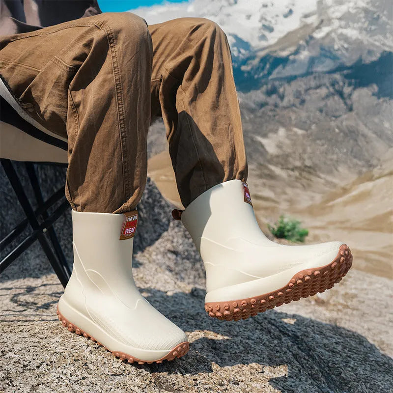 Mid and low tube men's rain boots, PVC upper waterproof oversleeves shoe covers with injection moulded plastic soles, available in sizes 39-44 including black red, black, beige and brown colours