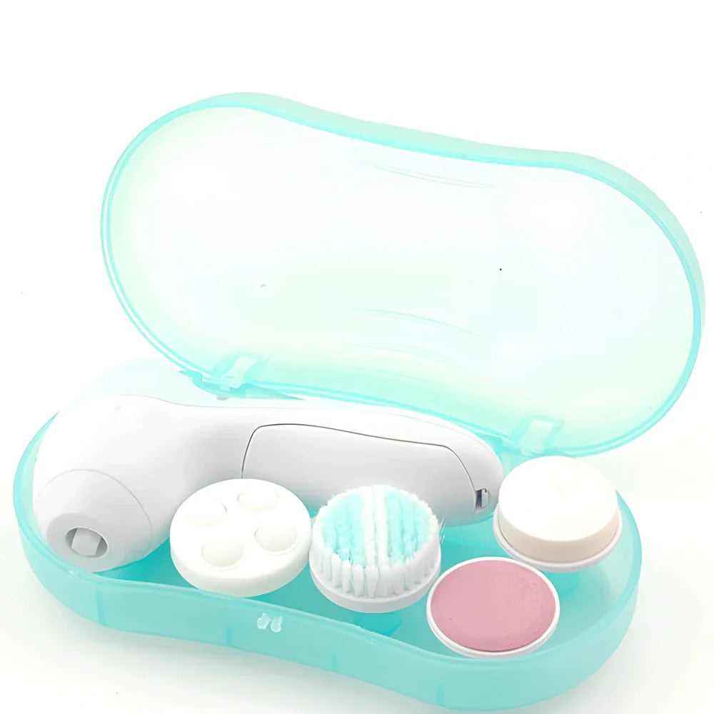 Pink electric facial cleanser with 5 attachments including soft brush, rolling massager, and sandstone head for skincare