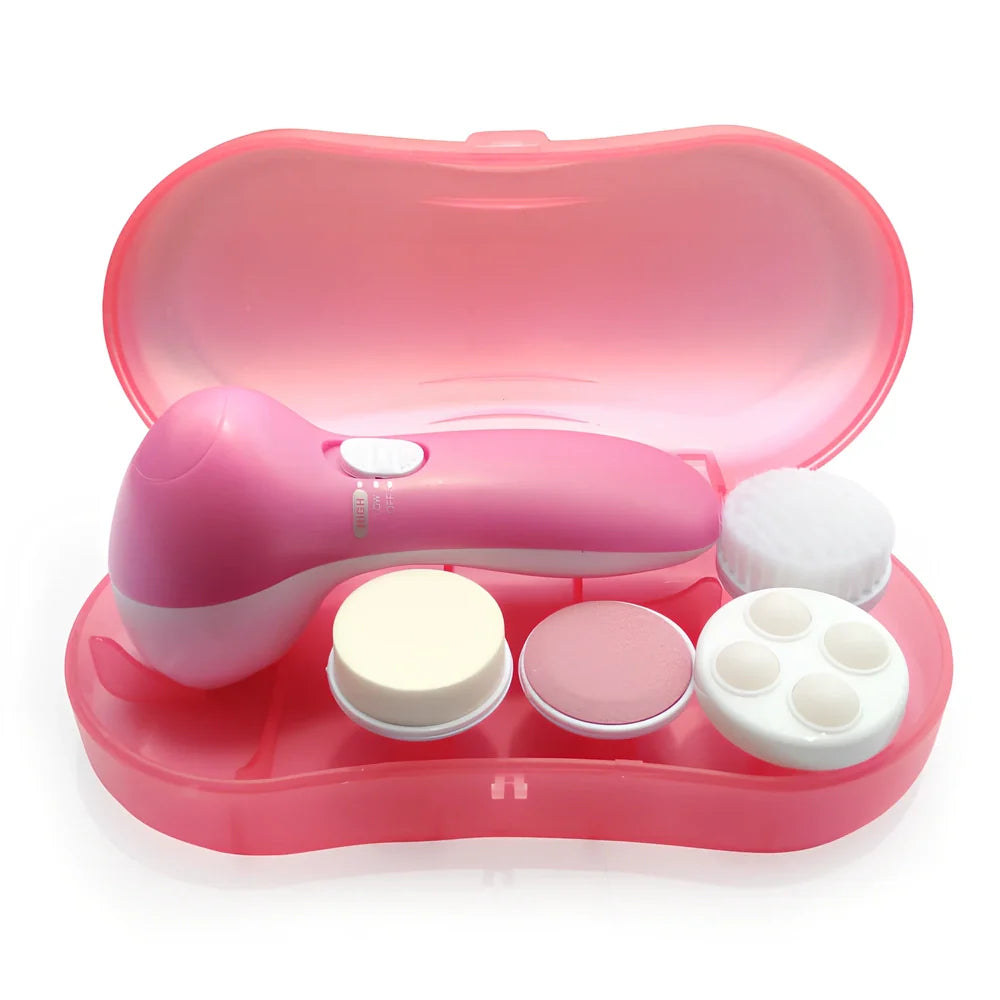 Pink electric facial cleanser with 5 attachments including soft brush, rolling massager, and sandstone head for skincare