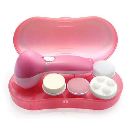 Pink electric facial cleanser with 5 attachments including soft brush, rolling massager, and sandstone head for skincare