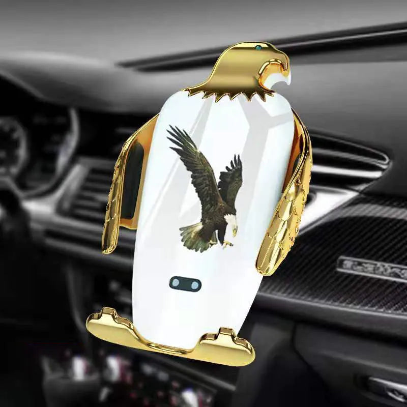 Eagle design car phone holder with wireless charging base and suction cup mount in two-tone colours.