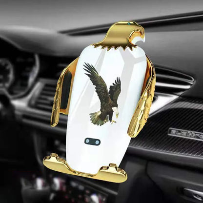 Eagle design car phone holder with wireless charging base and suction cup mount in two-tone colours.