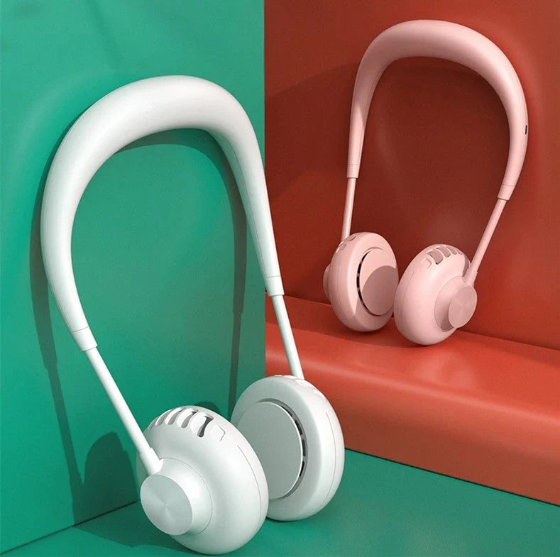 Bladeless neck fan in various colors with USB charging cable