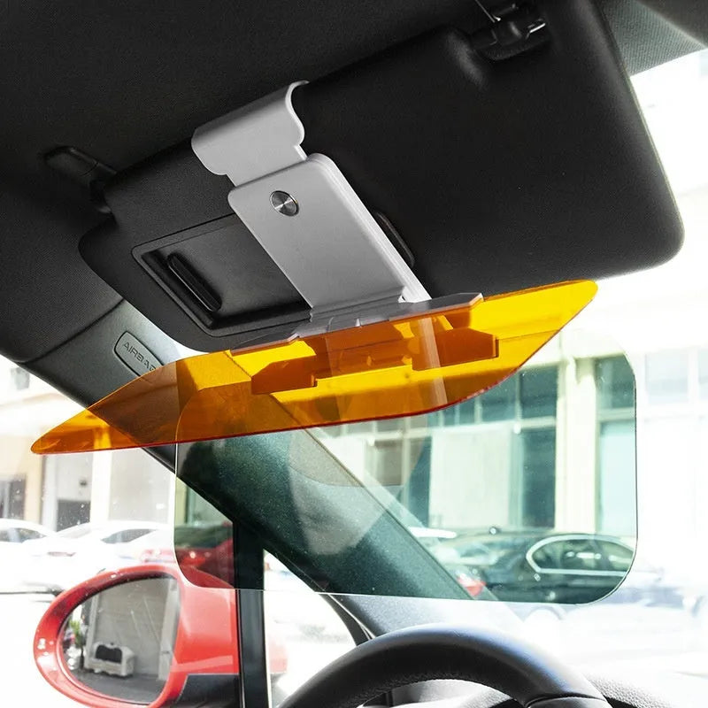 Car anti-glare sun visor with acrylic lens shown in telescopic stretched position