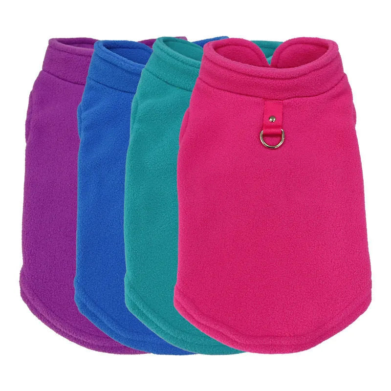 Polar fleece dog waistcoat in solid colour on small dog showing side-open design