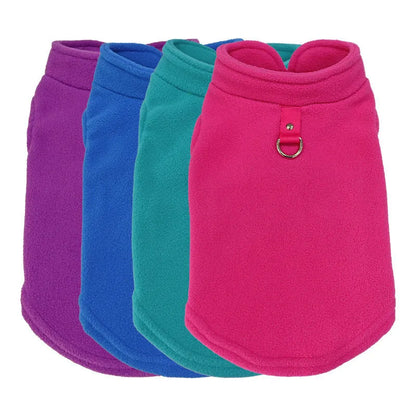 Polar fleece dog waistcoat in solid colour on small dog showing side-open design