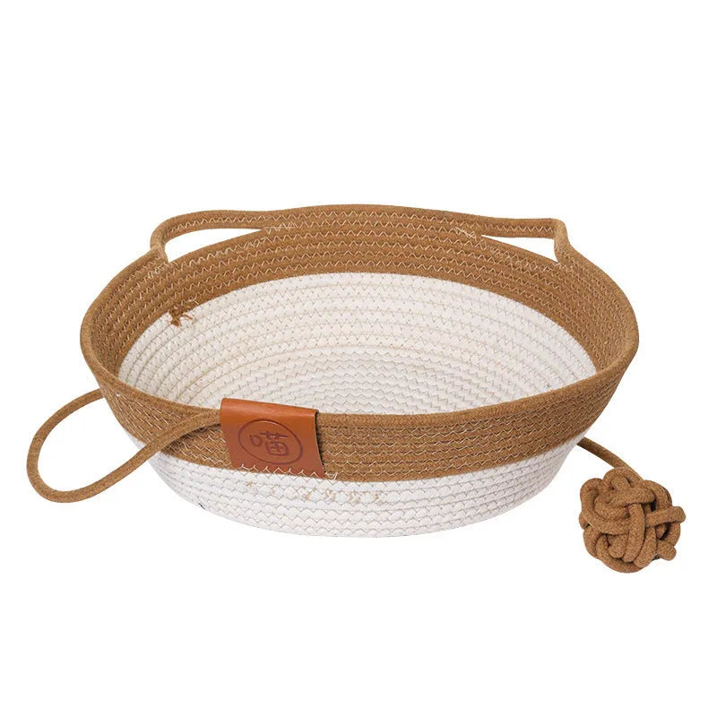 Cotton woven cat nest mat with stitching texture in grey, brown or green colours