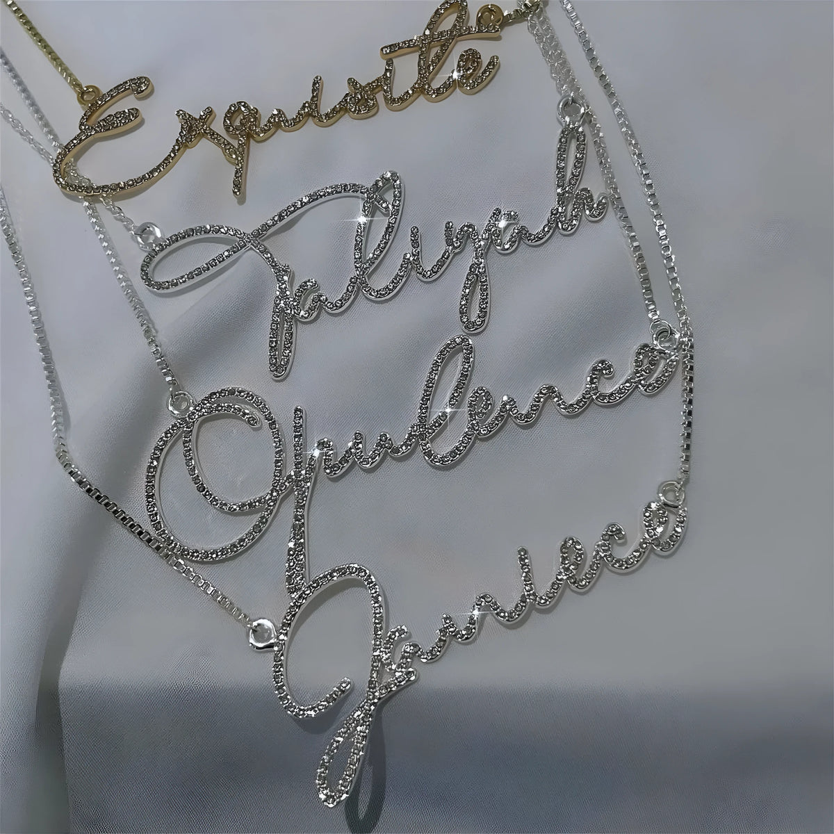 Stainless steel name necklace with diamond-studded English letters on adjustable chain in gold, rose gold, or silver