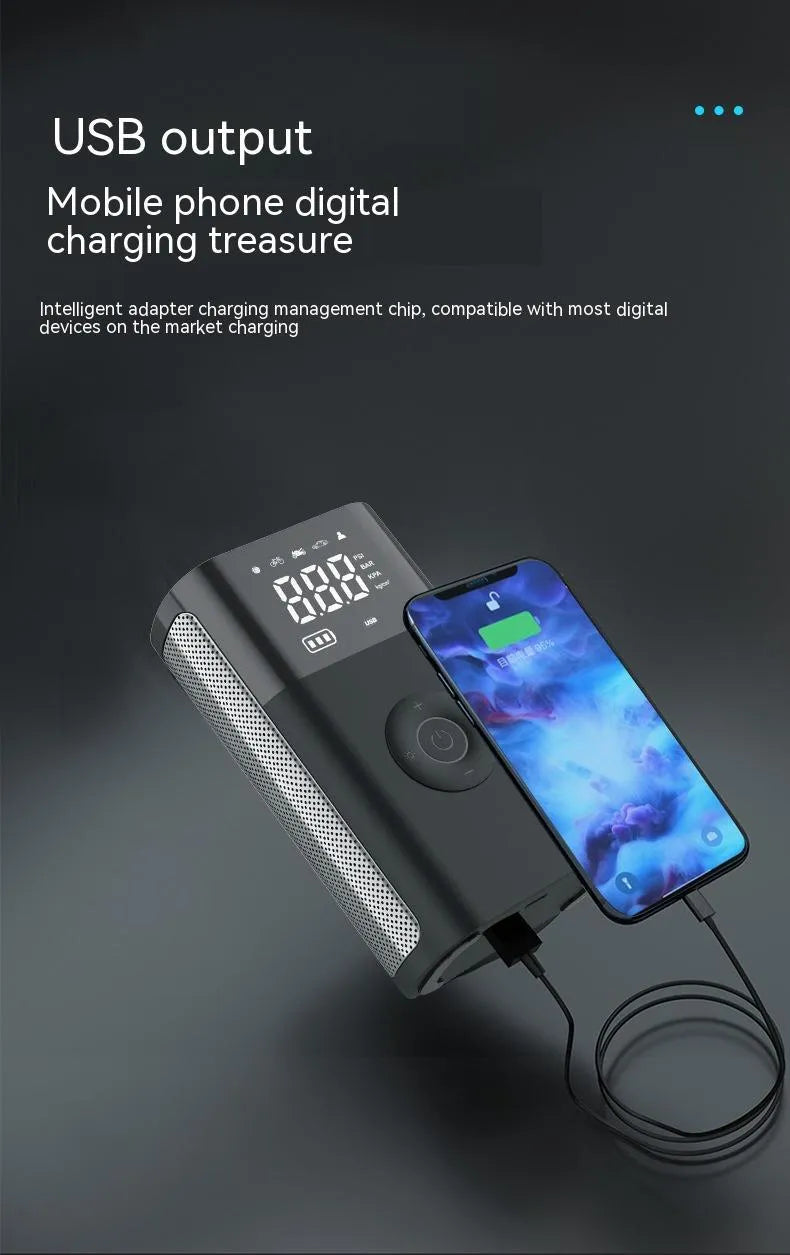 Wireless digital display handheld air pump with LED light and multiple valve adaptors for cars, bicycles and sports equipment