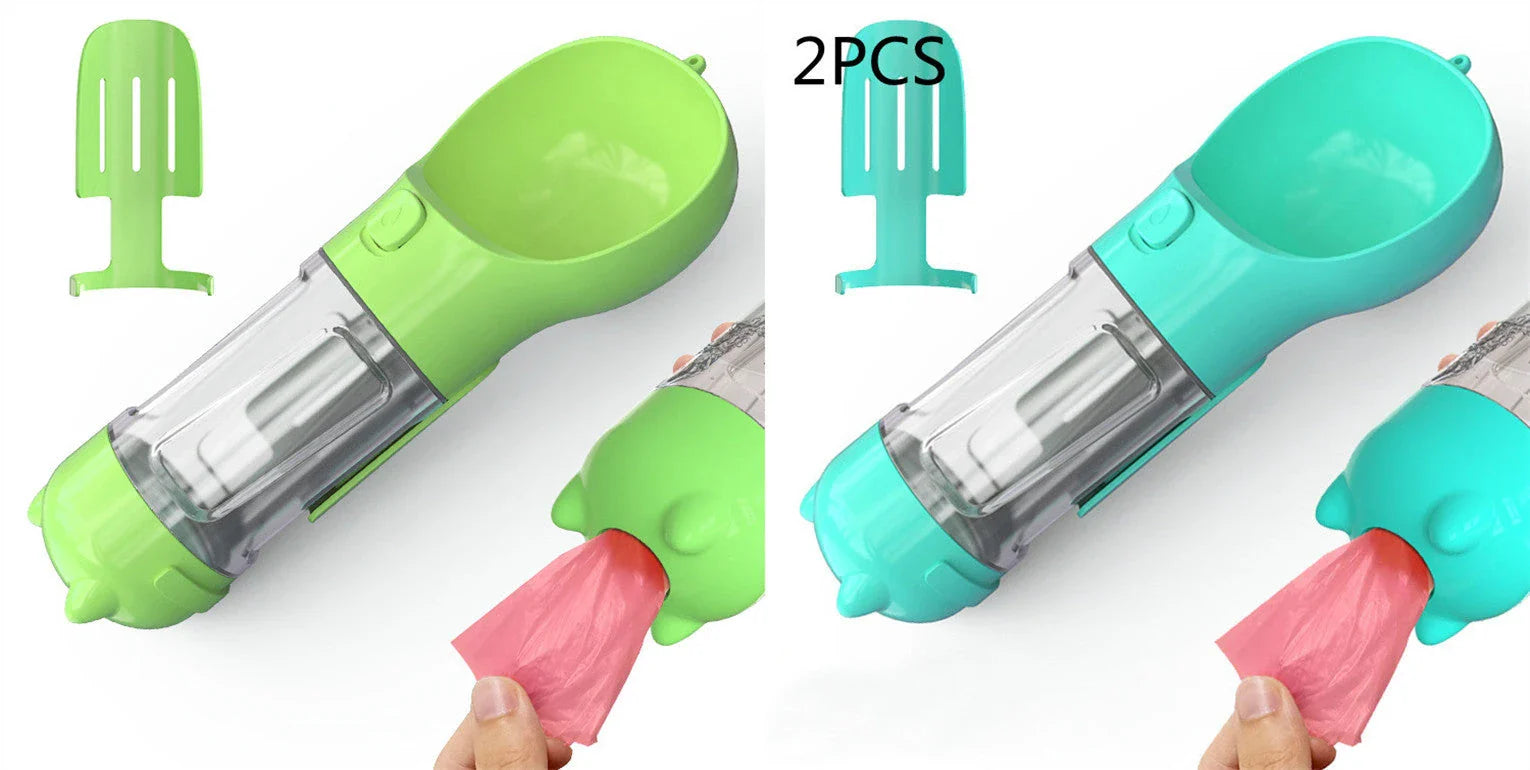 Multi-functional pet water bottle with food bowl and waste bag storage