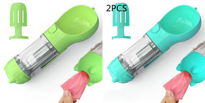 Multi-functional pet water bottle with food bowl and waste bag storage