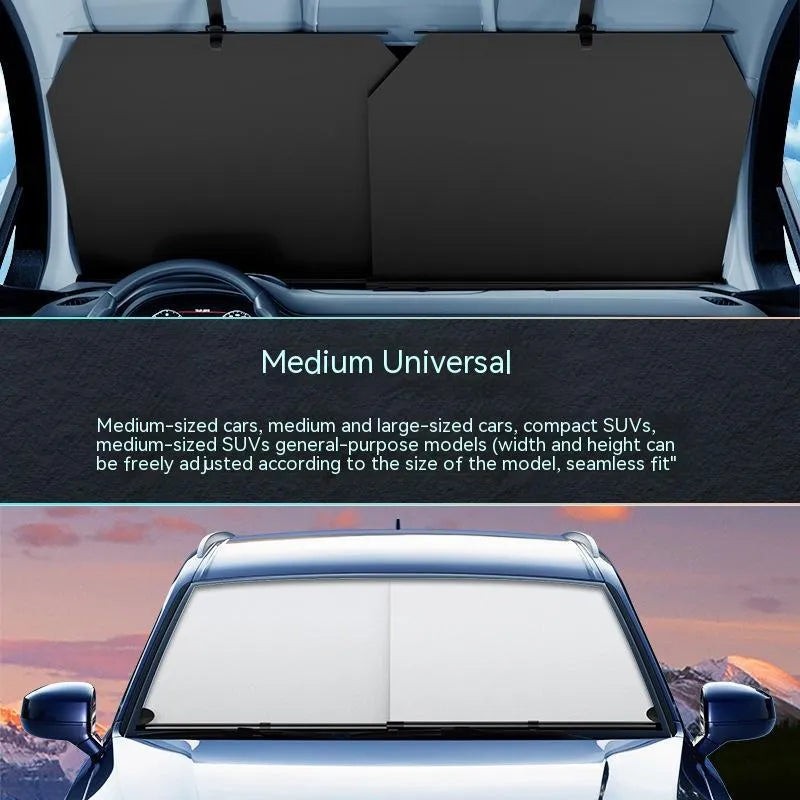 Automatic retractable car sunshade showing Oxford cloth material and retraction mechanism