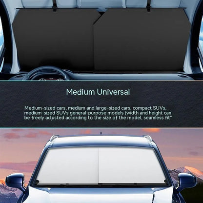 Automatic retractable car sunshade showing Oxford cloth material and retraction mechanism