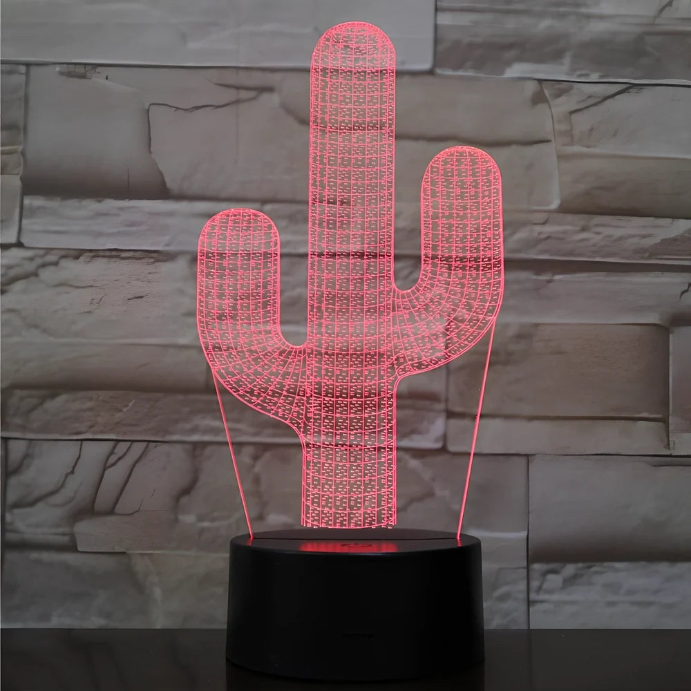 Cactus-shaped LED night light with 3D acrylic design showing colour-changing illumination in compact 200mm size