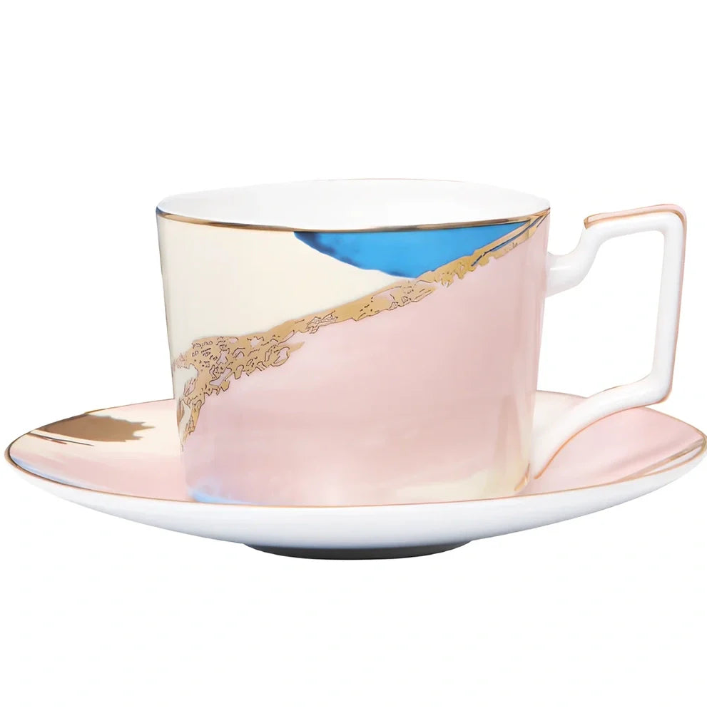 Watercolor dessert plates set in pink with 26.5 cm diameter, 45% bone china, real gold edges on handmade porcelain