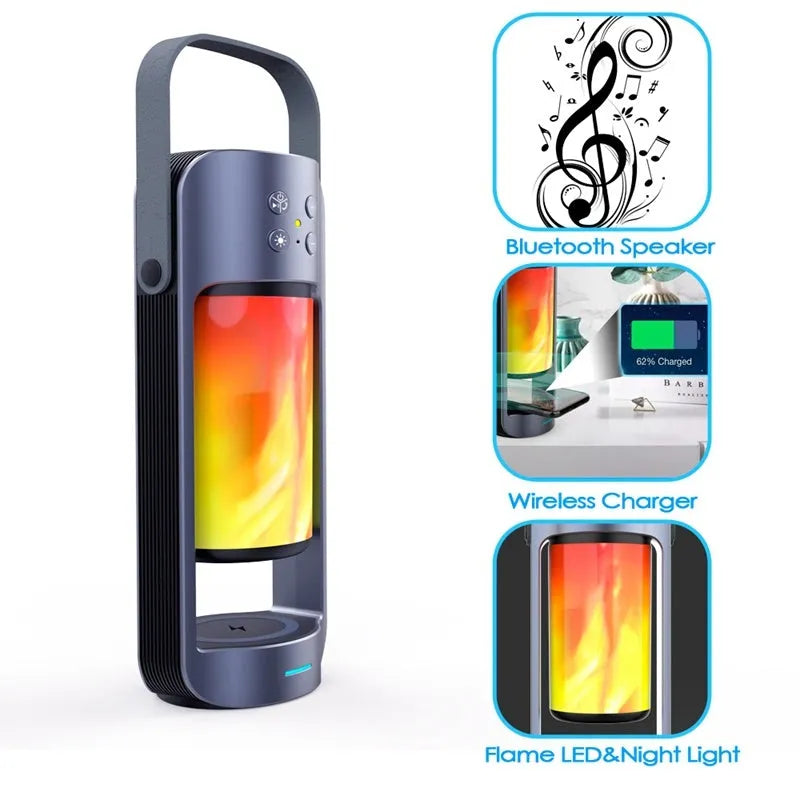 Blue portable Bluetooth speaker with dancing flame LED light and wireless charging pad