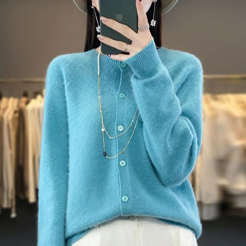 Stylish and comfortable Merino wool cardigan sweater for women in a variety of chic colors