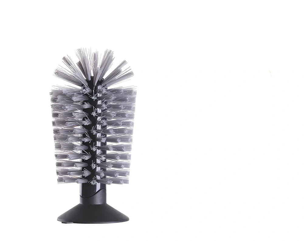 Grey suction cup kitchen brush, 16.5cm long with PV bristles for cup scrubbing, 0.132kg PP+PV+TPR build