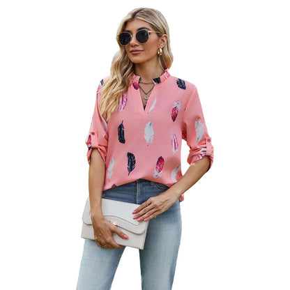 Stylish feather-printed pullover blouse in a variety of colors and sizes