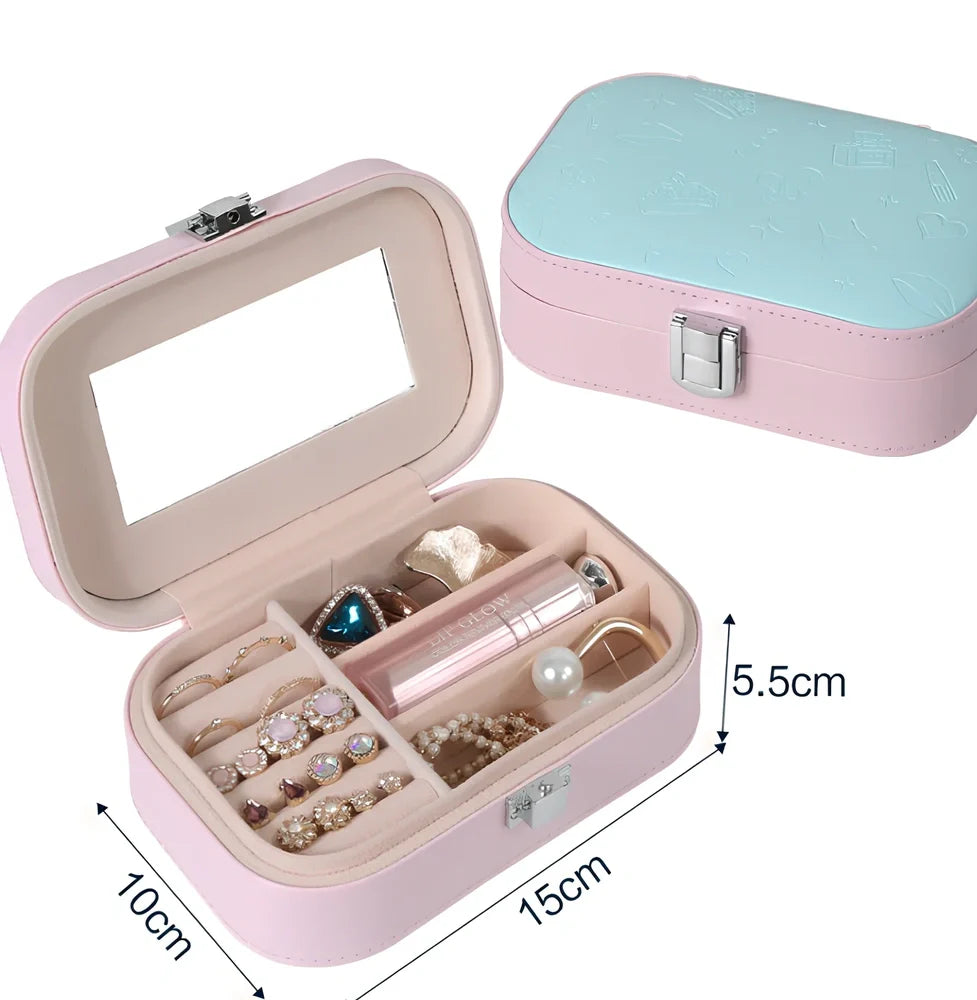 Three-layer travel jewellery box with PU leather exterior and secure closure for organised accessory storage