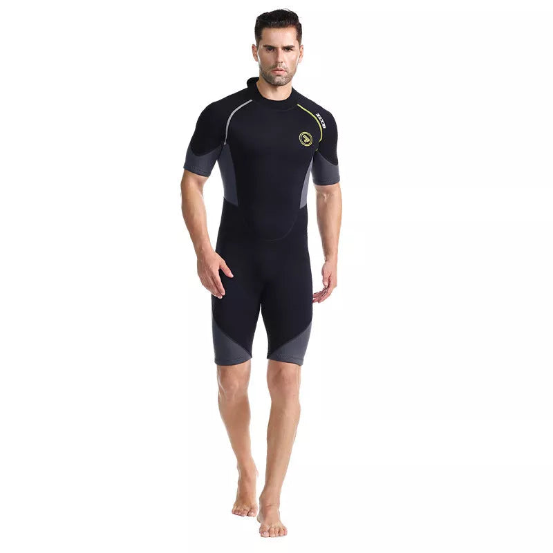 Men's black SCR neoprene summer swimsuit with short sleeves and shorts length