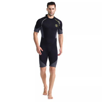 Men's black SCR neoprene summer swimsuit with short sleeves and shorts length