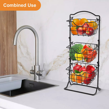 Black three-layer wrought iron storage shelf for fruits and vegetables