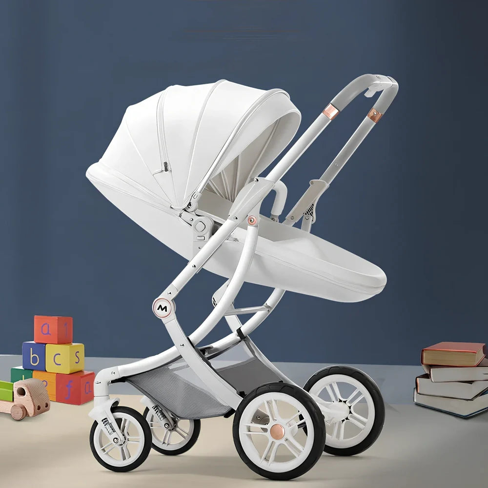 Luxury baby stroller with car seat showing aluminium frame and storage basket in Caesar Brown colour