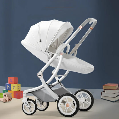 Luxury baby stroller with car seat showing aluminium frame and storage basket in Caesar Brown colour