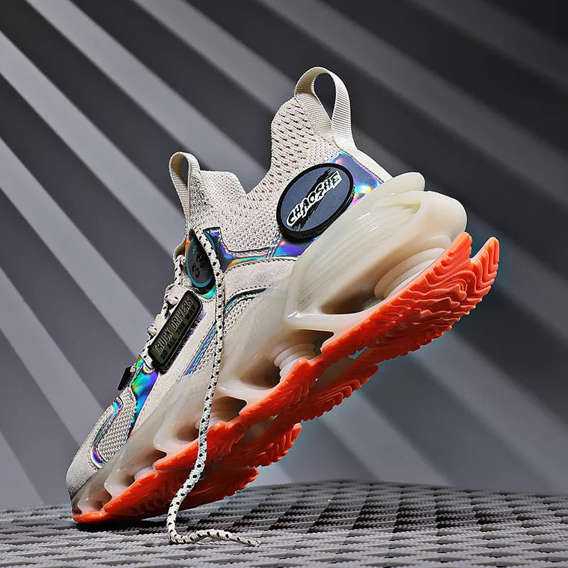 Men's Hollow Blade Shock Absorption Sports Shoes in Apricot, Black, and White