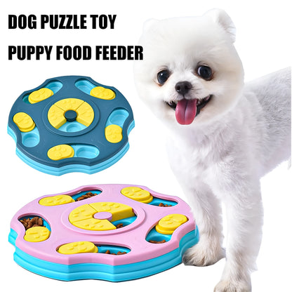 Blue dog puzzle feeder toy with food compartments and interactive searching games