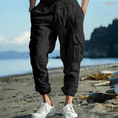Men's linen trousers with ankle ties and multiple pockets in solid colour