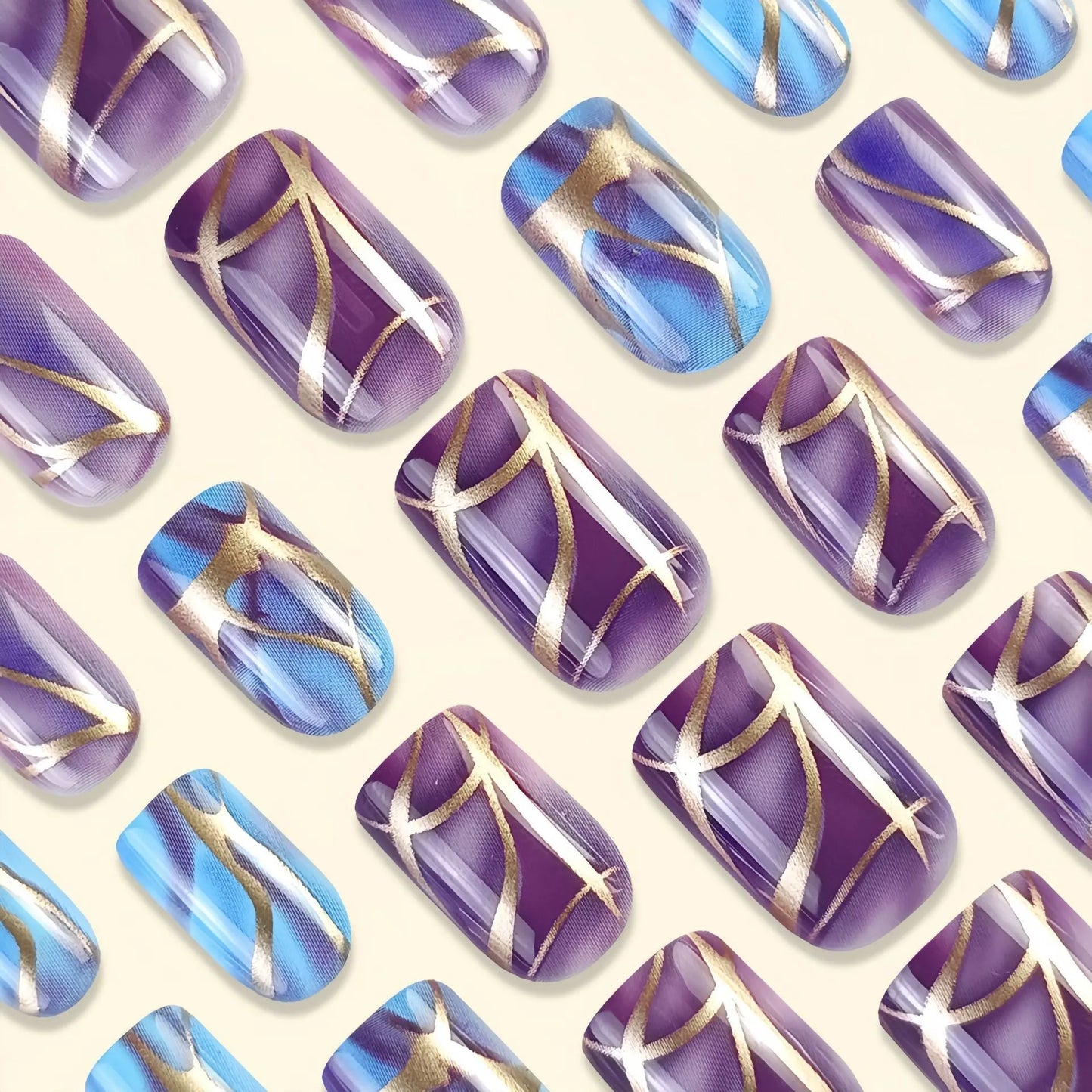 Medium length purple striped nail stickers in European and American style design