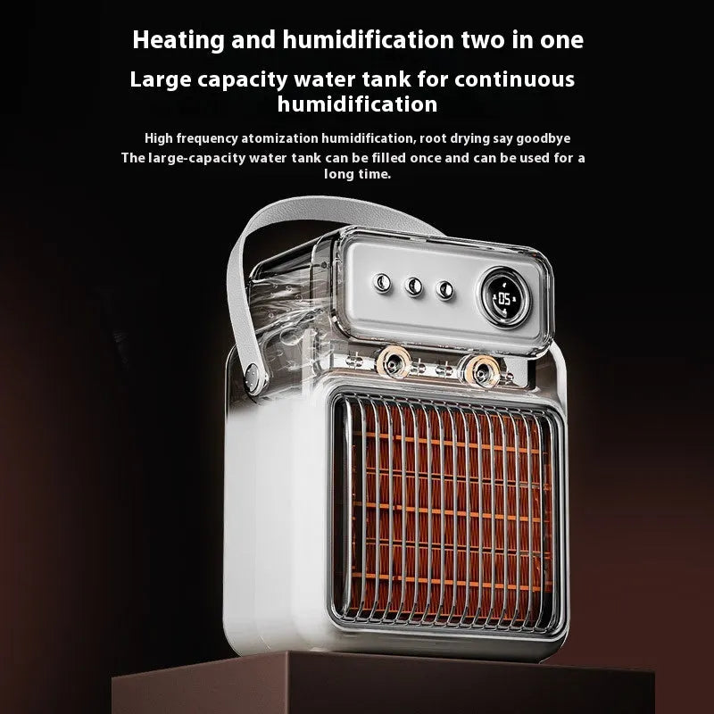White compact table heater with humidifier function, control panel showing heat and fan settings.
