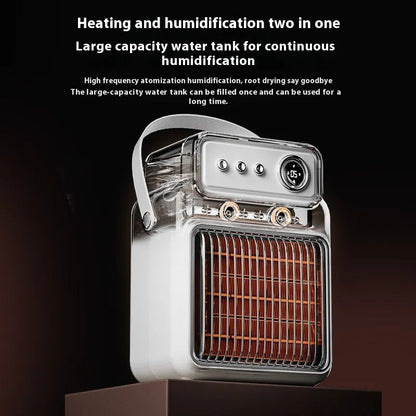 White compact table heater with humidifier function, control panel showing heat and fan settings.