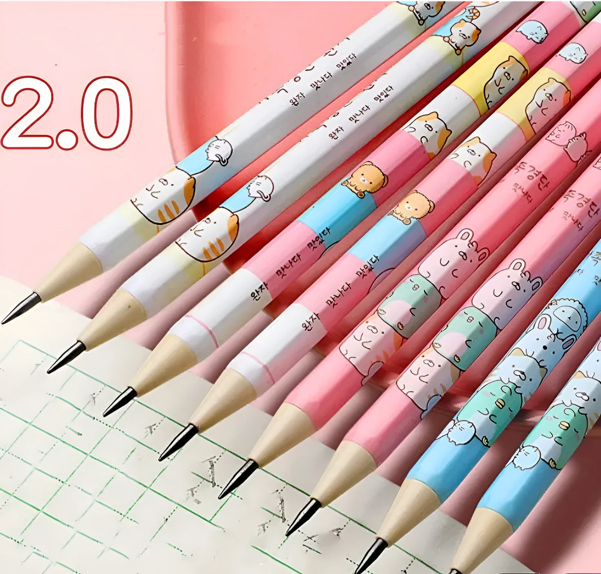 Set of colourful cartoon-designed children's mechanical pencils with 2B lead cylinders and erasers