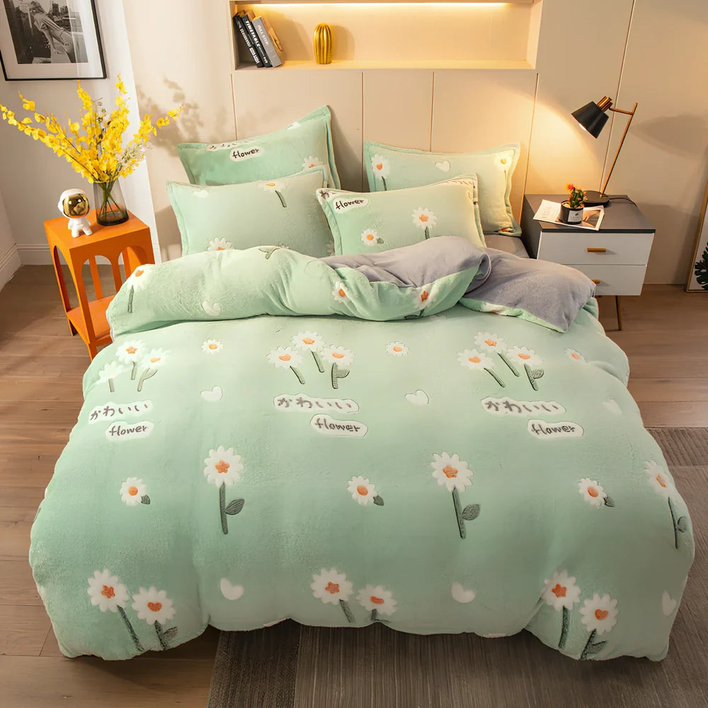 Four-piece velvet bedding set with quilt cover, bed sheet, and pillowcases for 1.8m bed in Bunny colour