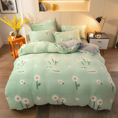 Four-piece velvet bedding set with quilt cover, bed sheet, and pillowcases for 1.8m bed in Bunny colour