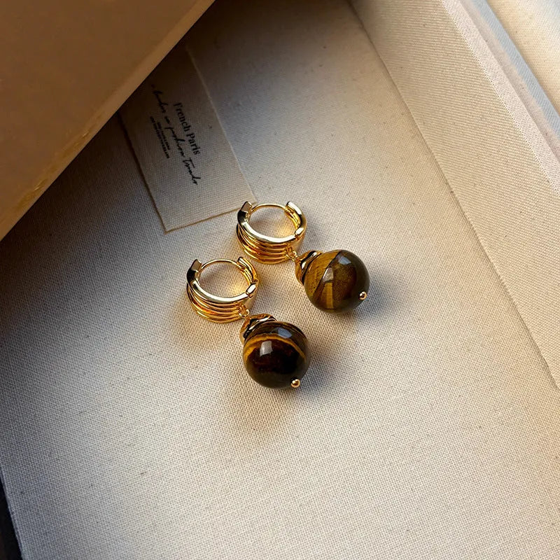 Gold-plated Tigereye earrings with geometric round shape in French retro style