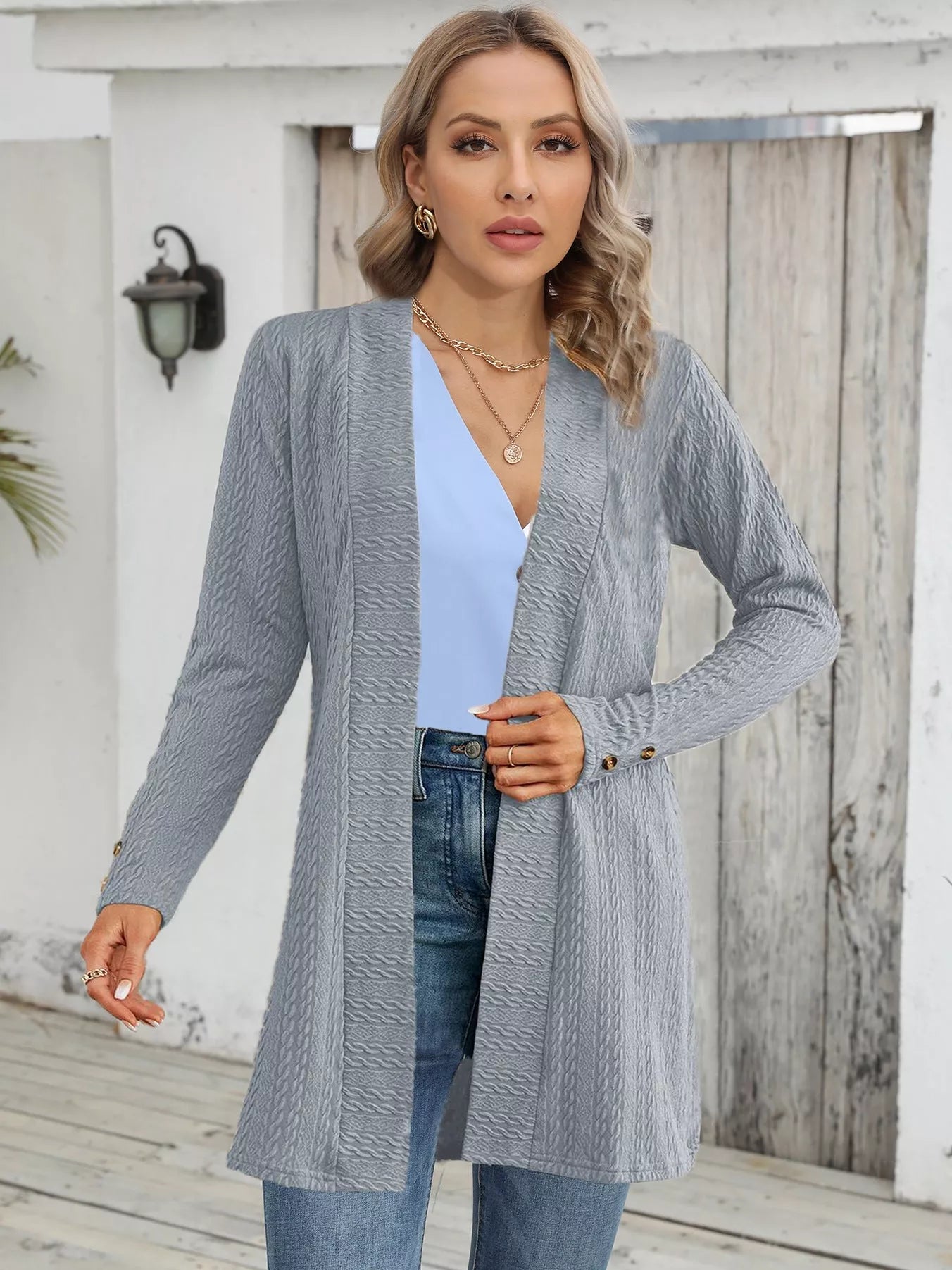 Women's grey button down long sleeve loose cardigan top